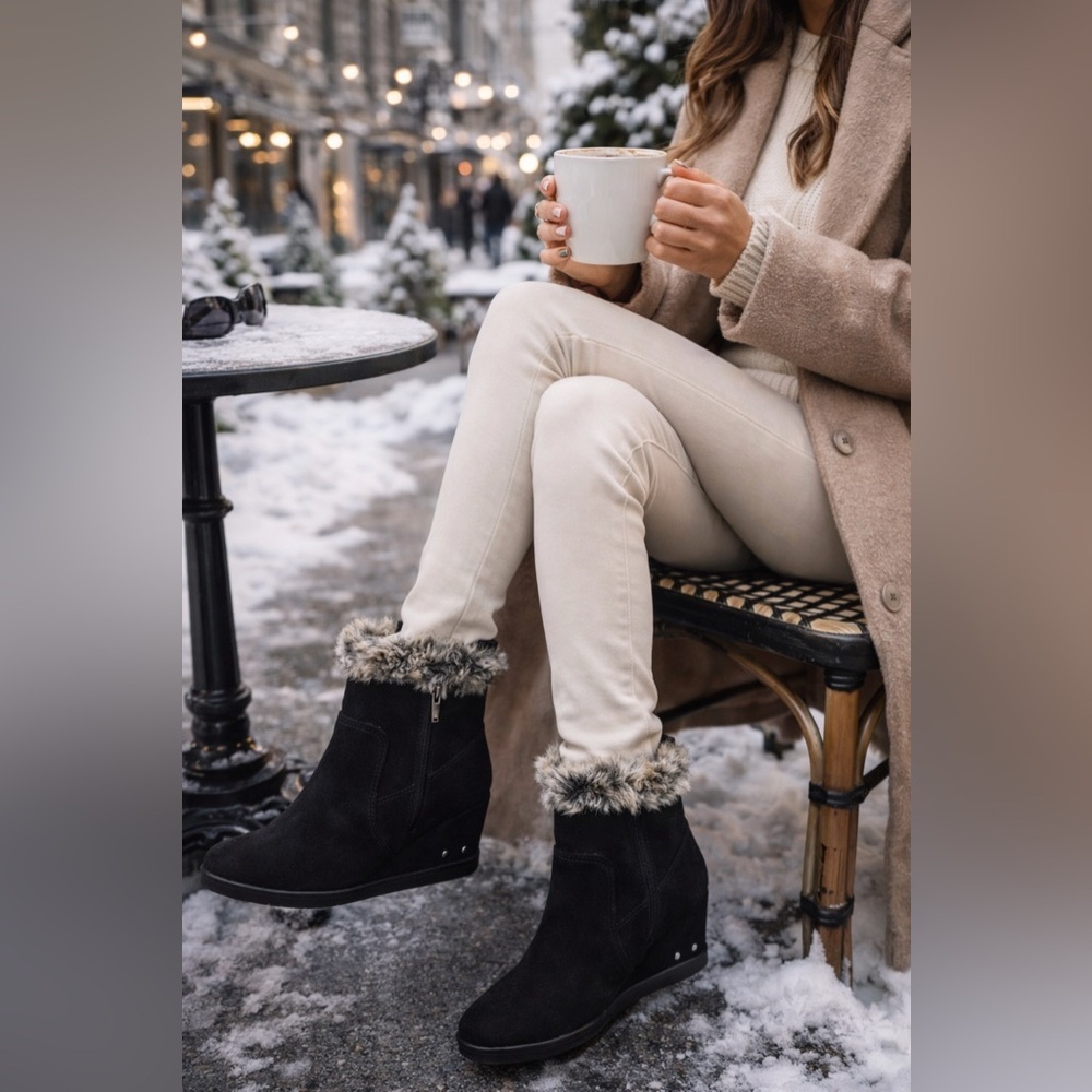 ✨ JustFab Black Wedge Boots Faux Fur Cozy Winter Chic Zip Size 7.5 ✨‎